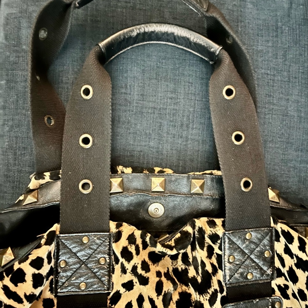 Large Vintage Betsey Johnson Leopard Print Tote Bag with Studded Trim - Picture 8 of 10
